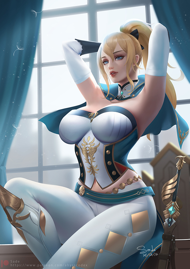 armpits blonde_hair blue_eyes bow capelet chair choker corset elbow_gloves favonius_sword_(genshin_impact) female genshin_impact gloves hairbow indoors jean_gunnhildr lips looking_at_viewer midriff navel parted_lips ponytail sade_abyss sitting solo sword table variant variant_set weapon window