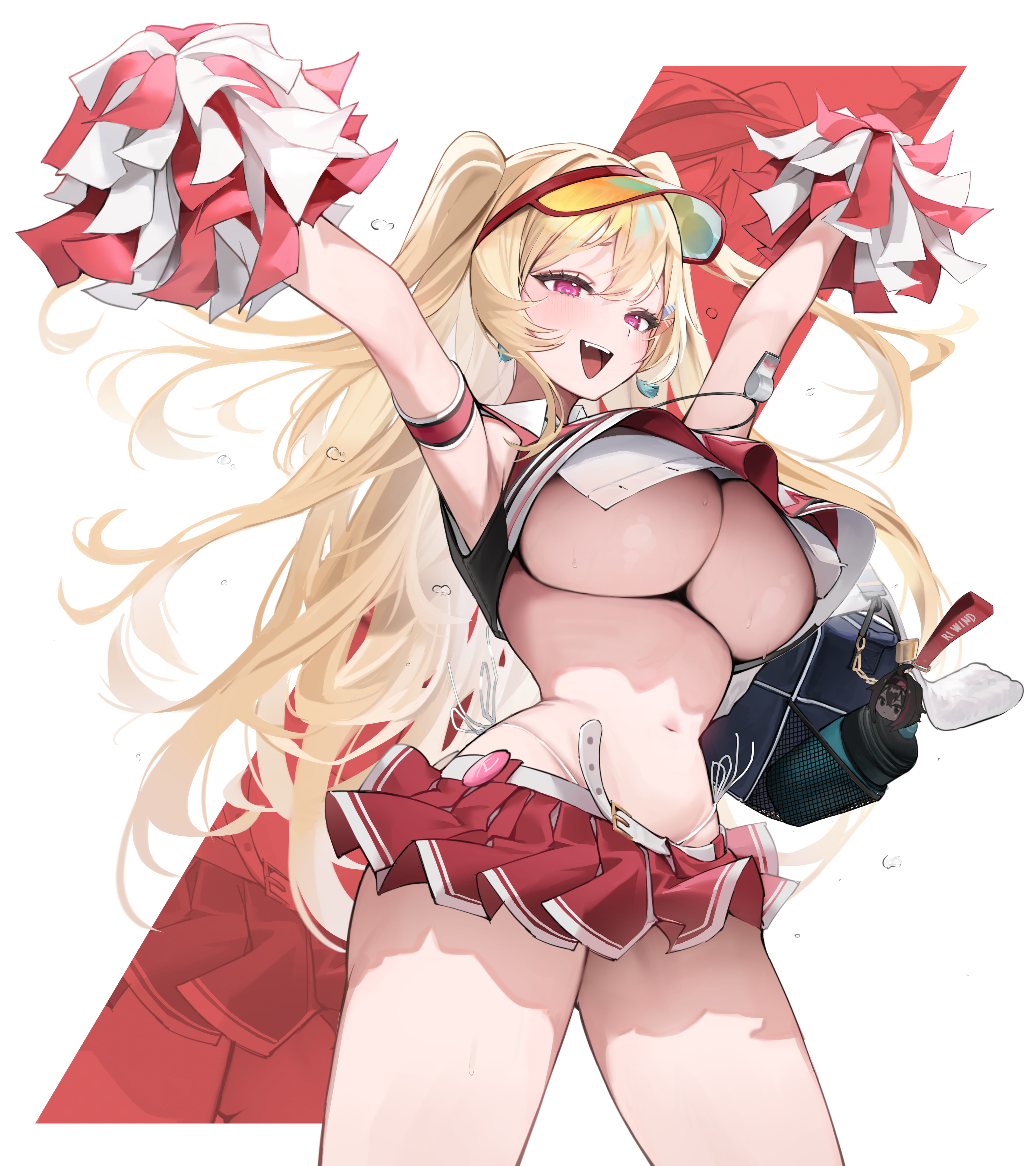 1girls, belt skirt, belted skirt, blonde hair, blush, breasts, cheerleader, cheerleader uniform, clay (nikke), female, female only, goddess of victory: nikke, heart-shaped pupils, large breasts, long hair, midriff, miniskirt, open mouth, pink eyes, pom poms, short skirt, skirt, sweat, underboob, upper teeth, white background, wholesome