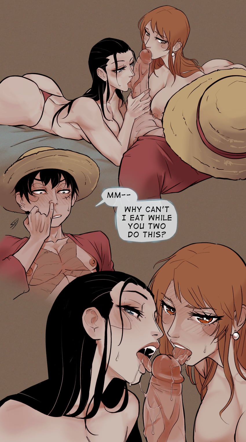 1boy 2girls 2girls1boy big_ass big_breasts big_penis black_hair blue_eyes blush blushing color english english_text female jewelry kissing_penis licking_penis long_hair male mature_female monkey_d_luffy muscular_male nami nico_robin older_female one_piece orange_eyes orange_hair post-timeskip scar shounen_jump steadxknight steadyknight straw_hat text threesome veiny_penis