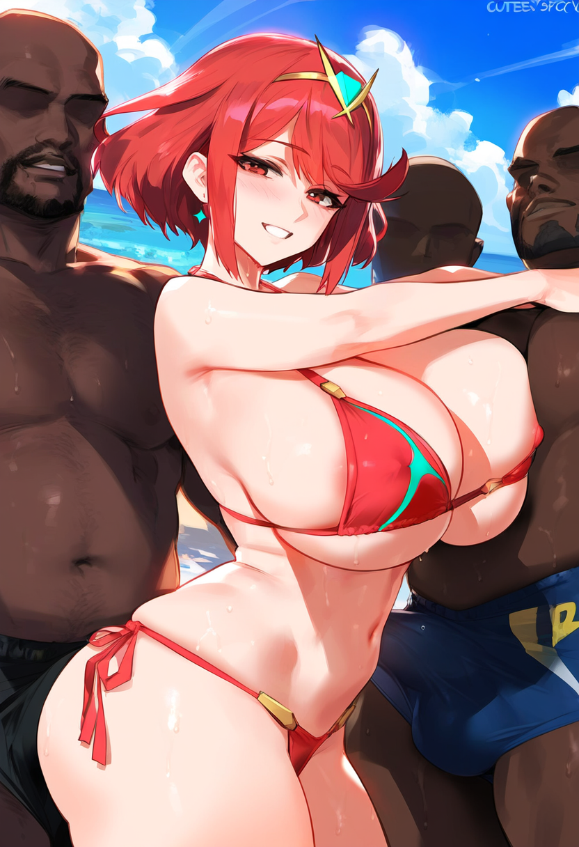 ai_generated beach big_breasts bikini bubba_booty_goons dark-skinned_male dark_skin gangbang group interracial pyra red_hair xenoblade_(series) xenoblade_chronicles_2