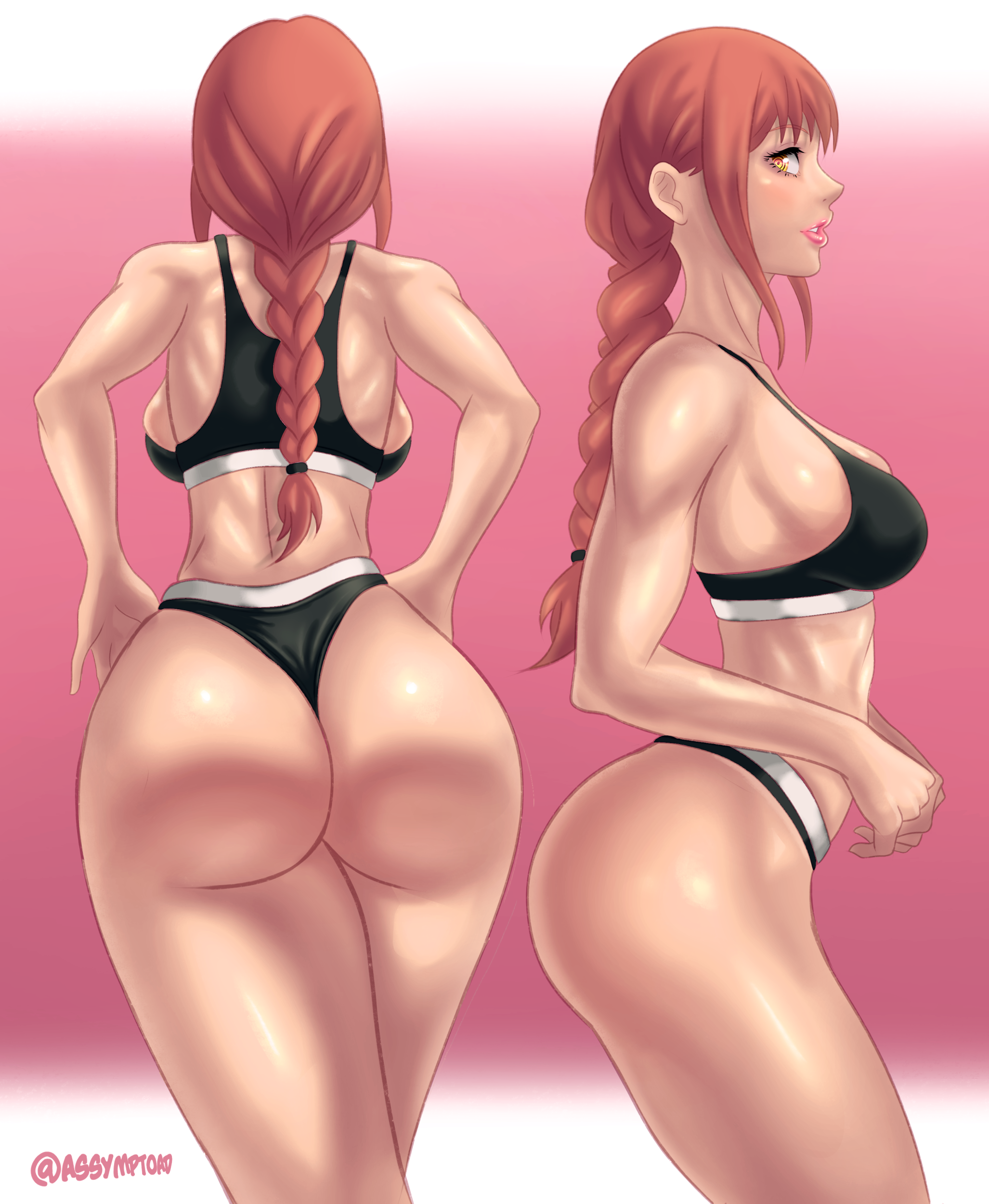 1girls, absurdres, ass, ass focus, assymptoad, athletic, athletic female, backboob, bare shoulders, black panties, black sports bra, braid, braided ponytail, breasts, chainsaw man, cleavage, collarbone, female, female only, fit, fit female, grin, highleg, highleg panties, highres, light skin, light-skinned female, long hair, looking at viewer, makima (chainsaw man), medium breasts, multiple views, navel, panties, profile, red hair, ringed eyes, sideboob, sidelocks, simple background, smile, solo, sports bra, thick thighs, thighs, thong, toned, underwear, white background, wide hips, yellow eyes
