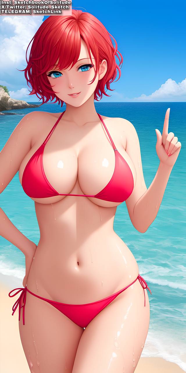 ai_generated anime anime_style beach beach_background big_breasts blue_eyes bra breasts female female_only girl panties pink_swimsuit red_bra red_hair red_panties red_underwear sea soli_sketch solo swimsuit thick_thighs underwear underwear_only white_skin