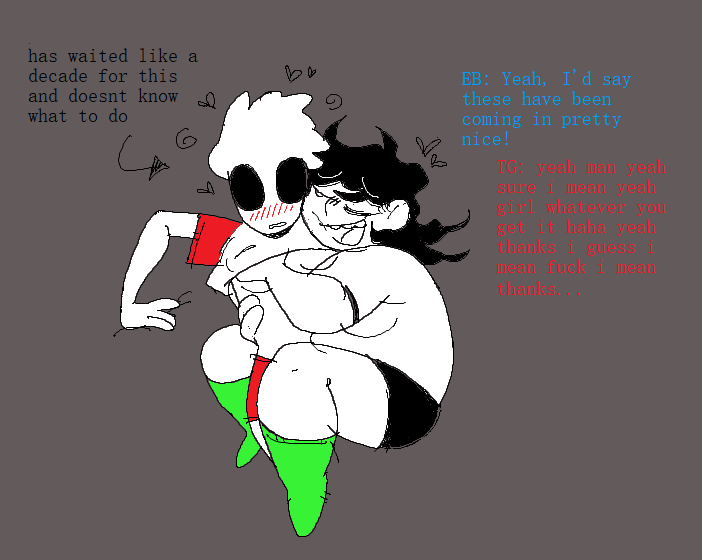 blush breast_grab breasts cuddling dave_strider dialogue duo embarrassed english_text female flustered grope gynomorph hand_on_breast homestuck human intersex intersex/intersex june_egbert mammal ms_paint_adventures overstimulation overweight skinny sleepygirlthing text trans_(lore) trans_woman_(lore)