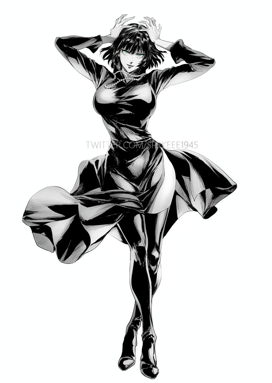 1girls, arms above head, arms up, big breasts, boots, breasts, clothed, clothing, curvy, curvy body, curvy female, curvy figure, dress, dress lift, eye contact, female, female focus, female only, front view, fubuki (one-punch man), full body, green eyes, greyscale, high heel boots, high heels, hips, large breasts, legs, lips, lipstick, looking at viewer, medium hair, navel, necklace, one-punch man, pose, short hair, skirt, skirt lift, slim, slim waist, smile, smiling, smiling at viewer, smirk, solo, solo female, spykeee, thick, thick legs, thick thighs, thighs, thin waist, tight clothing, voluptuous, waist, wide hips