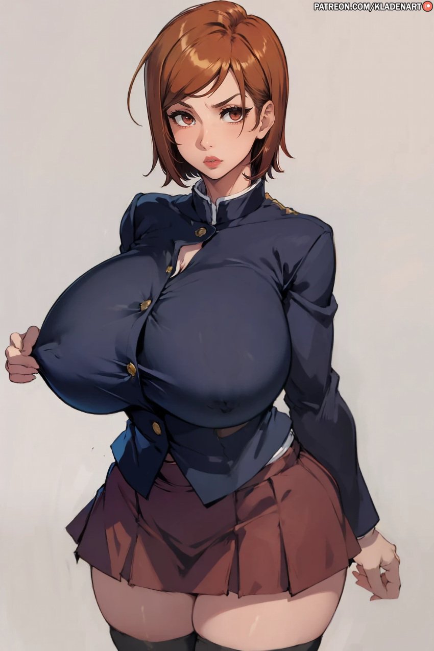 1girls, ai generated, alternate breast size, big breasts, breasts, clothed, female, female only, higher resolution available, human, jujutsu kaisen, kladenart, kugisaki nobara, miniskirt, school uniform, solo, textme
