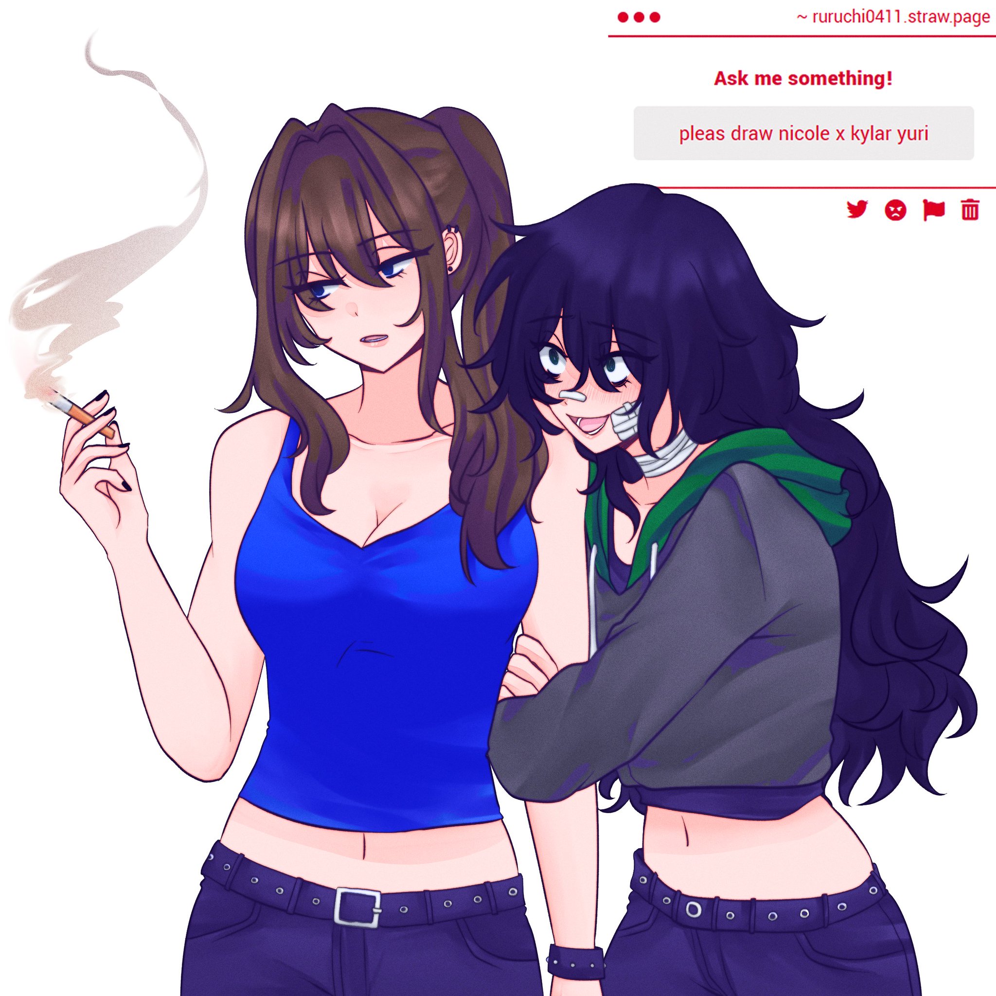 2girls, bandage, bandage on face, cigarette, cigarette smoke, class of '09, degrees of lewdit, degrees of lewdity, female yandere, holding another's arm, holding cigarette, kylar (degrees of lewdity), nicole (class of '09), not porn, ruruchi0411, toxic yuri, yandere, yuri