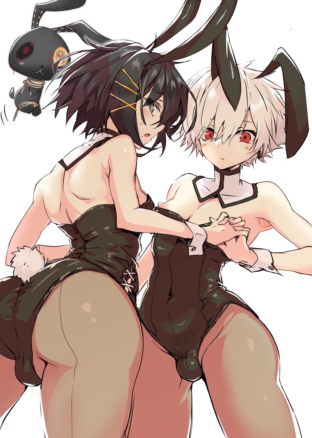 2boys arched_back ass back blush bulge bunny_boy bunny_costume bunny_ears bunnysuit buttons crossdressing femboy gay girly green_eyes holding_hands interlocked_fingers male_only monark multiple_boys nipples open_mouth pantyhose playboy_bunny protagonist_(monark) prprlo red_eyes shinya_yuda tight_clothing trap white_background wrist_cuffs yaoi