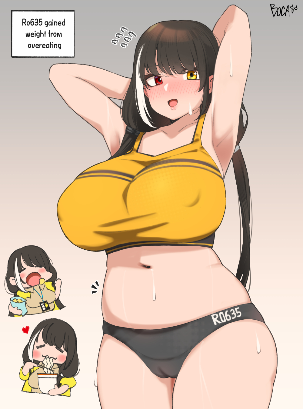 armpits arms_behind_head arms_up black_buruma black_hair blush boca breasts buruma cameltoe chibi eating female food girls'_frontline heart heterochromia highres huge_breasts long_hair looking_at_viewer low_twintails midriff multicolored_hair navel open_mouth plump red_eyes ro635_(girls'_frontline) smile sweatdrop twintails very_long_hair weight_gain white_hair yellow_eyes