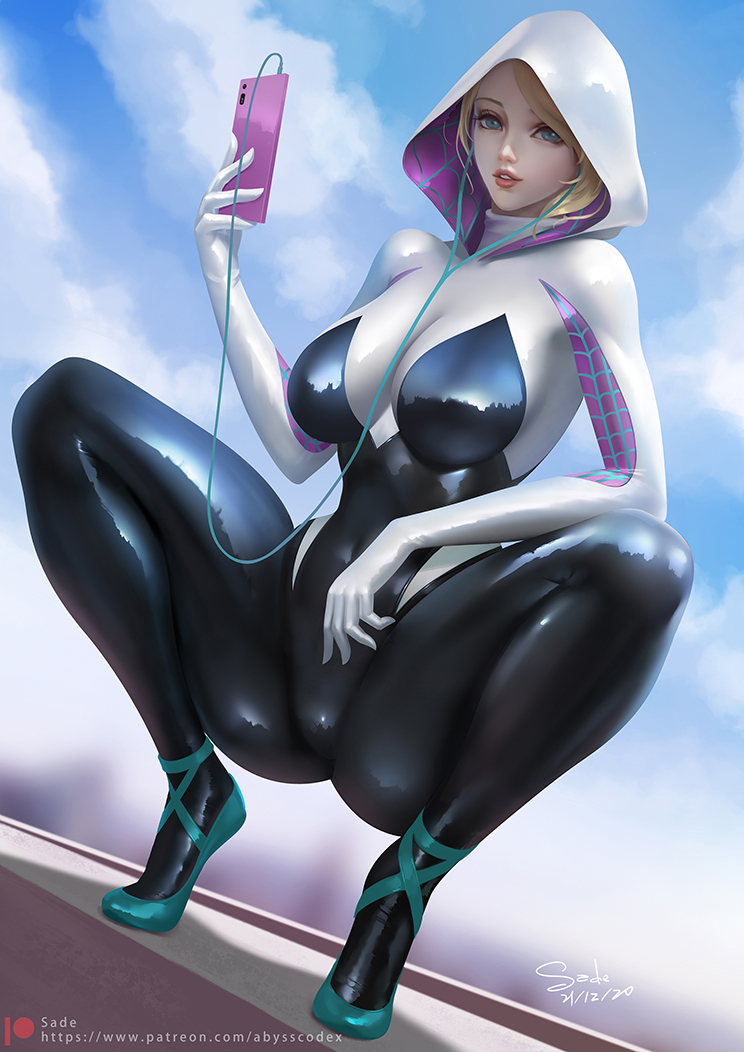 artist_name asymmetrical_hair ballet_slippers black_bodysuit blonde_hair blue_eyes bodysuit breasts cleavage cloud cloudy_sky day earbuds earphones female female_only full_body gwen_stacy hood hood_up hooded_bodysuit large_breasts latex latex_bodysuit looking_at_viewer marvel mask nose open_mouth patreon_username patterned_clothing phone reflection reflective_clothes sade_abyss shiny_clothes signature sky solo spider-gwen spider-man_(series) spread_legs squatting teeth two-tone_bodysuit variant_set web_address white_bodysuit