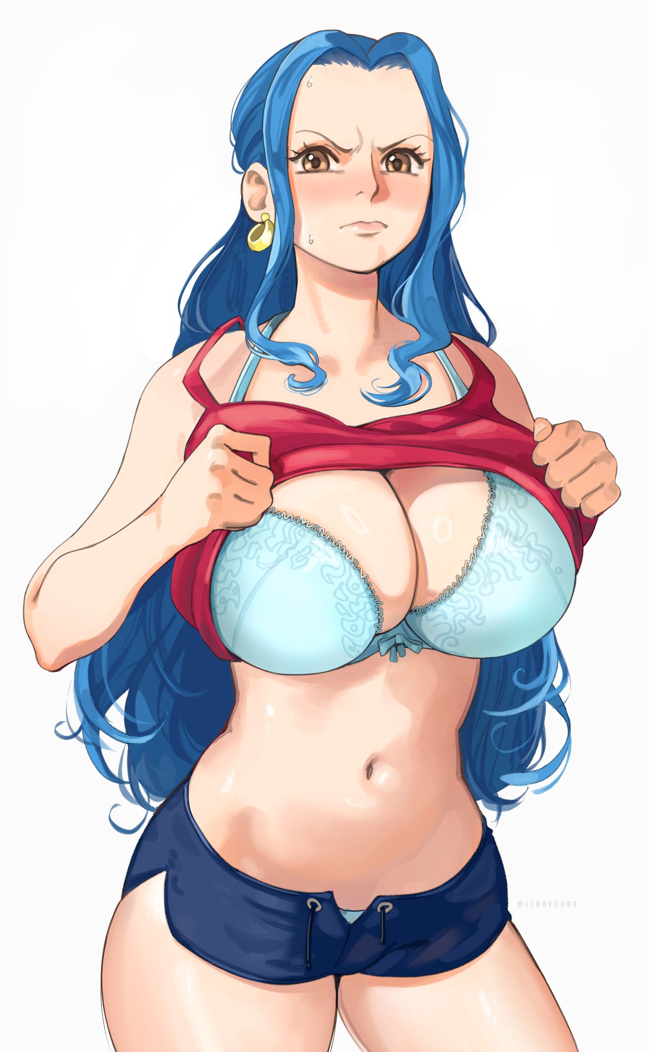 1girls bare_arms bare_legs bare_shoulders bare_thighs big_breasts blue_hair blush bra brown_eyes clothed clothing color embarrassed female female_focus female_only hi_res jerrydurd large_breasts light-skinned_female light_skin long_hair looking_at_viewer nefertari_vivi one_piece shounen_jump solo solo_female tagme thick_thighs undressing