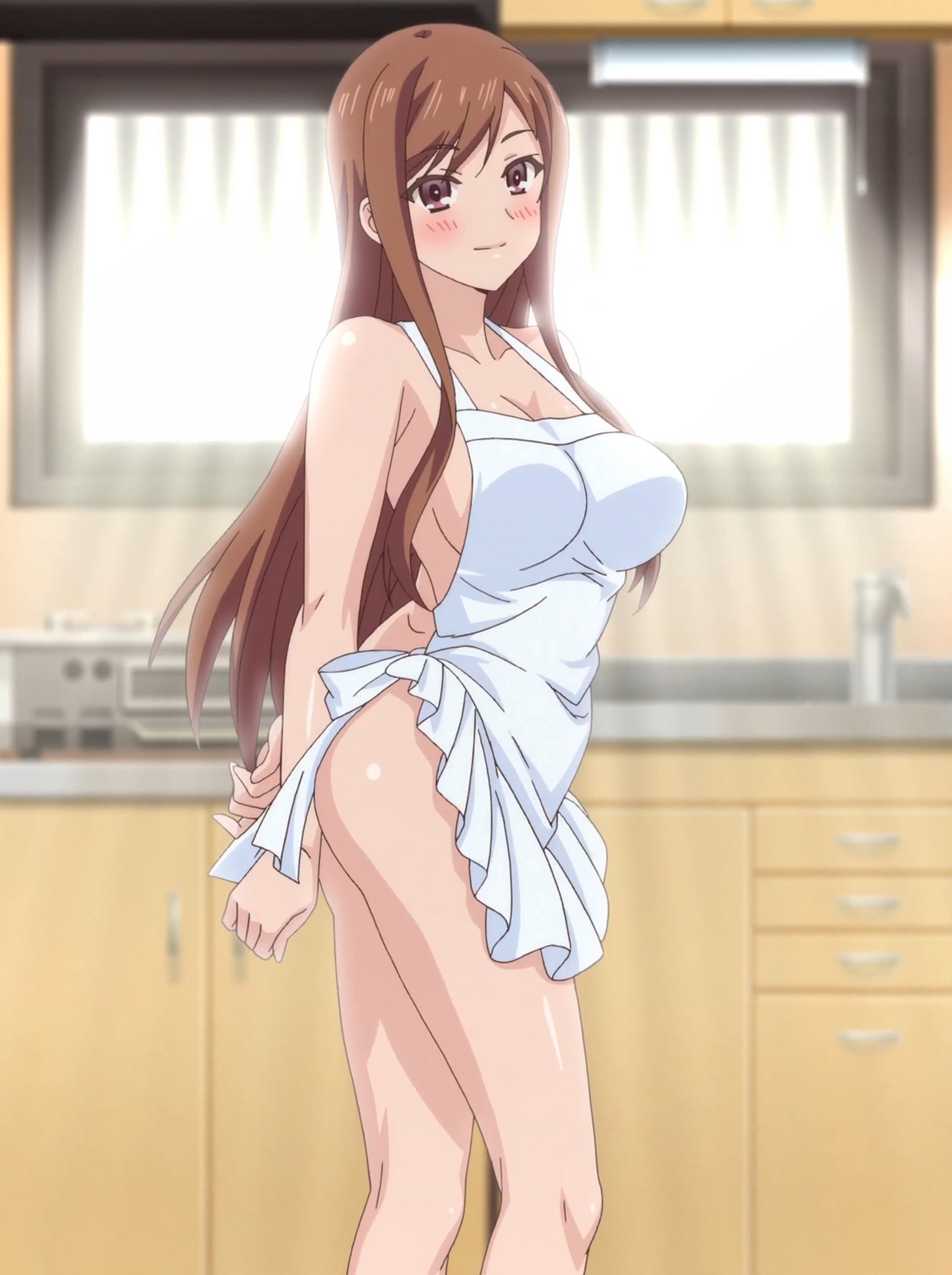 1girls, apron, apron only, ayane shirakawa, big breasts, blush, breasts, brown hair, cleavage, female, female focus, female only, highres, hokiboshi (company), kaiduka, kitchen, large breasts, light skin, light-skinned female, looking at viewer, naked apron, nude, nude female, overflow (series), screencap, screenshot, smile, smiling, smiling at viewer, solo, standing, suiseisha