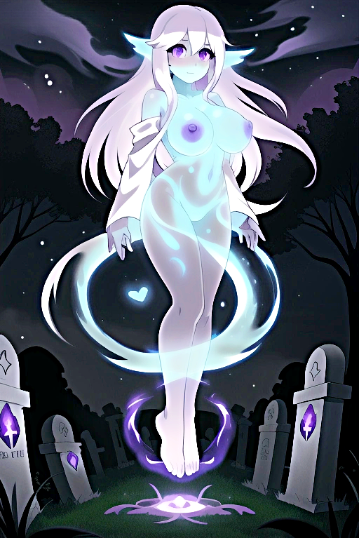 1girls ai_generated big_breasts blue_body breasts female female_only flying forest_background ghost ghost_girl graveyard hovering jfxjxf light_blue_body long_hair looking_at_viewer night nude nude_female purple_eyes purple_nipples sleeves spirit tombstone transparent_body two_tone_body white_body white_hair will-o-wisp