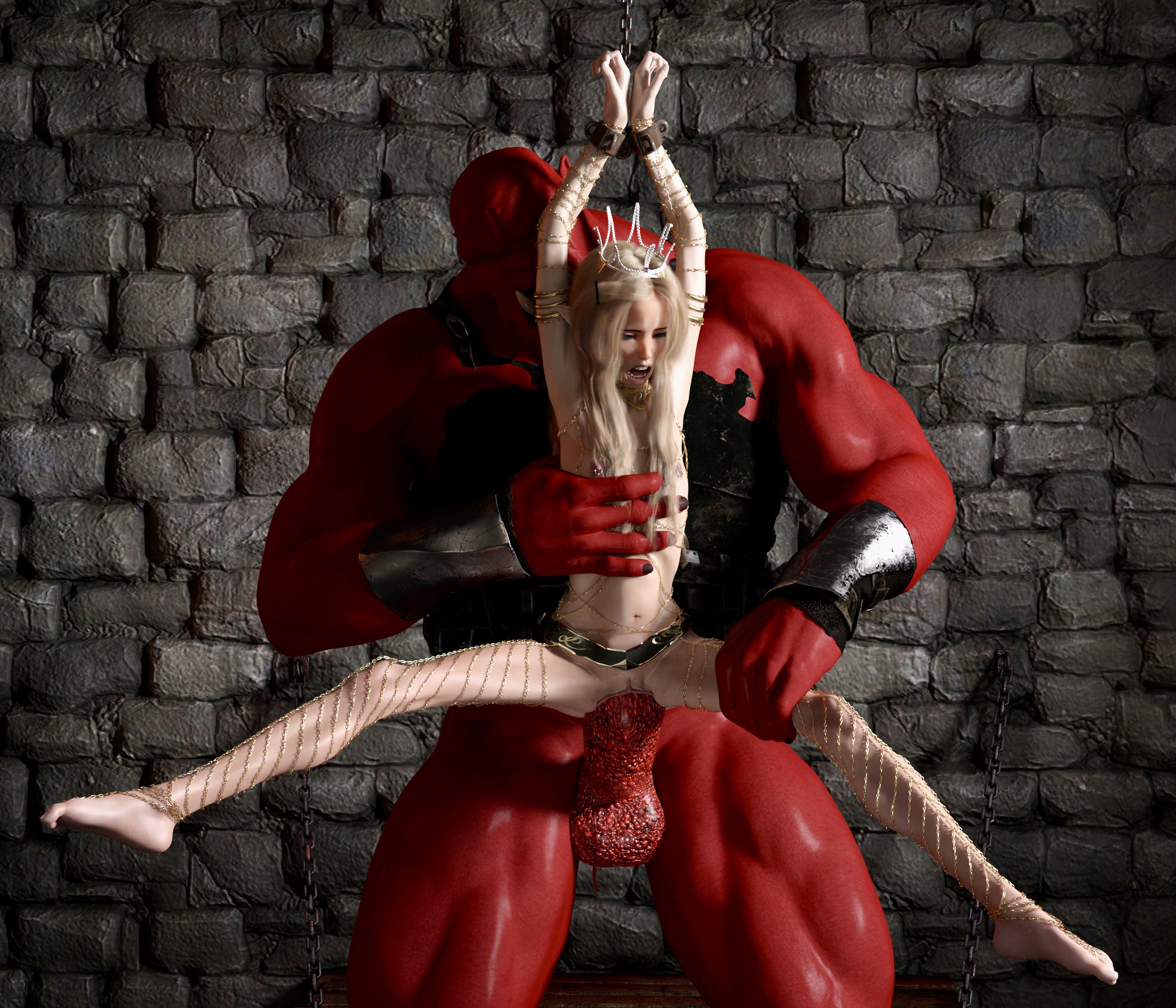 3d, blonde hair, bondage, bound, bound wrists, breasts, captured, chains, elf, female, male, orc, original character, pain, pierced nipples, piercing, princess, pussy, rape, scared, size difference, small breasts, that3dartist