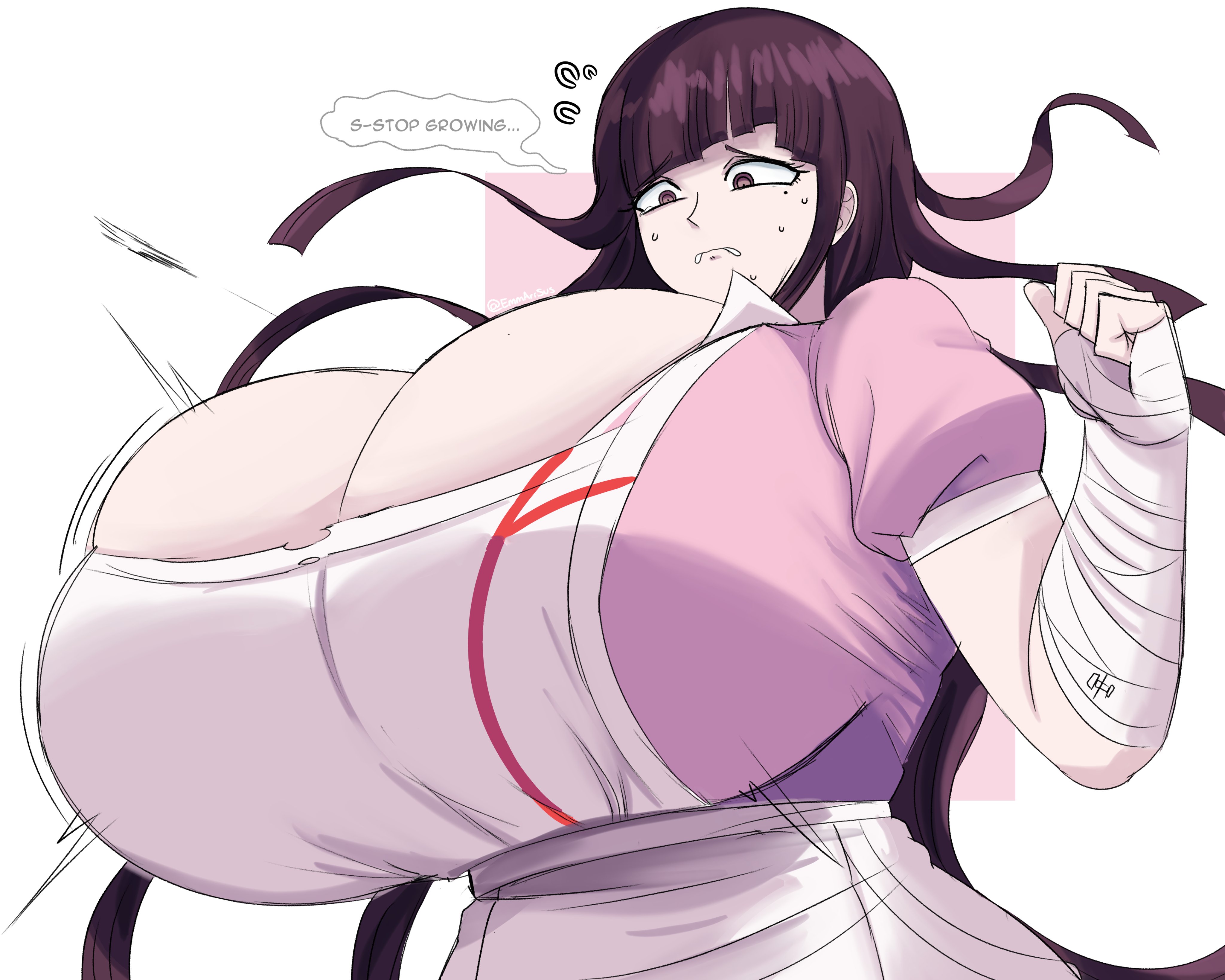 1girls, 2d, alternate breast size, arm wraps, artist name, bangs, beauty mark, big breasts, breast expansion, breast growth, breast growth (enlargement), breasts, breasts bigger than head, bursting breasts, busty, cleavage, clothed, danganronpa, danganronpa 2: goodbye despair, dialogue, emmarrgus, female, frown, huge breasts, long hair, massive breasts, mole, nervous, nurse, nurse uniform, purple eyes, purple hair, simple background, solo, solo female, speech bubble, sweat, sweatdrop, tearing up, tears, text, tight clothing, tsumiki mikan, venus body, worried, wraps
