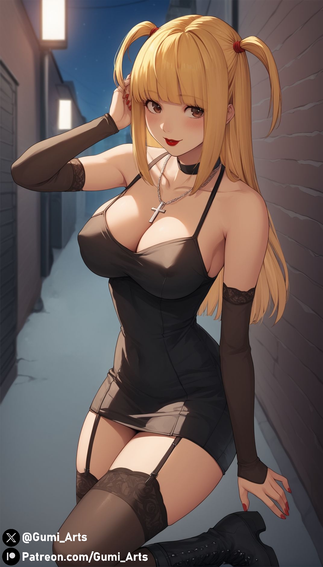 1girls, ai generated, alley, blush, boots, breasts, brown eyes, choker, cleavage, covered nipples, cross, cross necklace, death note, detached sleeves, dress, female, garter straps, gumi arts, large breasts, lipstick, long hair, looking at viewer, misa amane, nail polish, necklace, night, outdoors, red lips, red lipstick, red nails, short dress, sleeveless dress, stable diffusion, standing, stockings, thick thighs, thighhighs, two side up, yellow hair