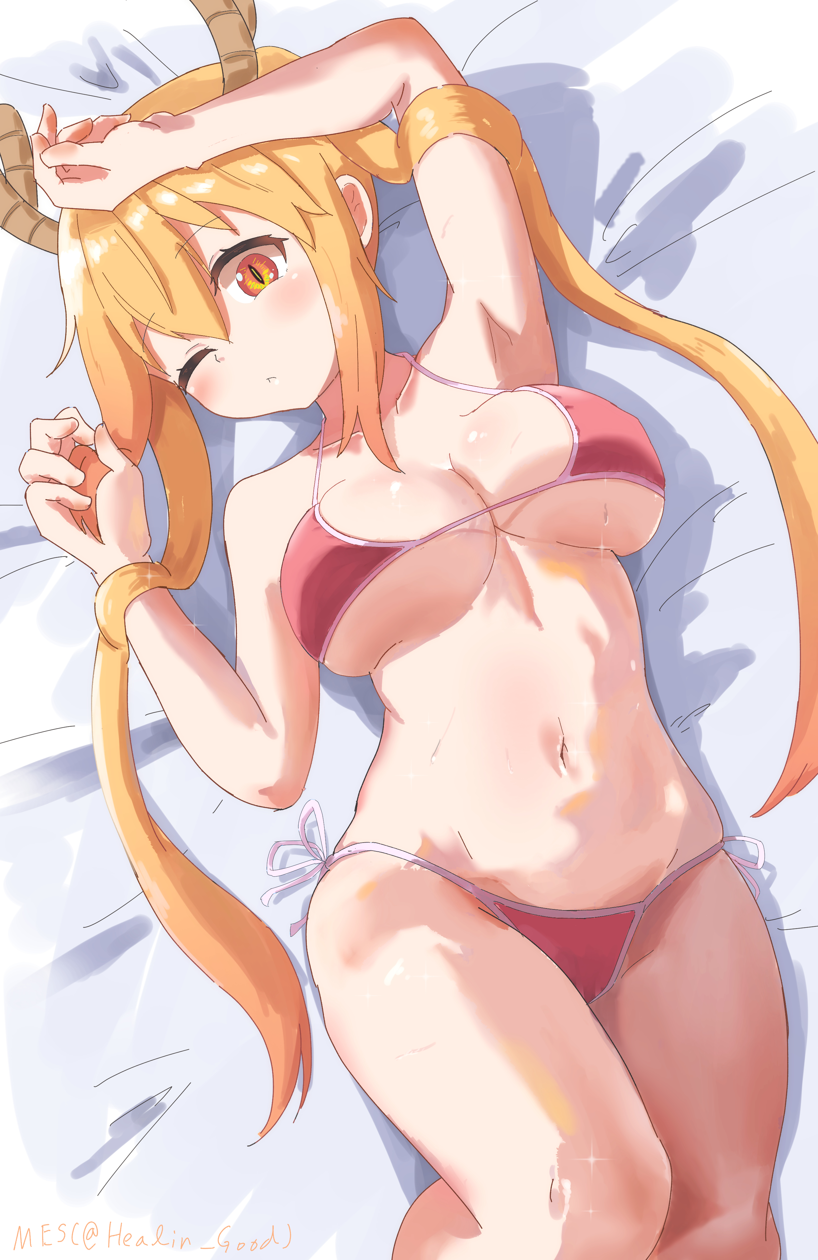 1girls, big breasts, bikini, blush, breasts, cleavage, dragon girl, female, furugo-ri280, horns, laying down, light skin, light-skinned female, long hair, looking at viewer, miss kobayashi's dragon maid, one eye closed, solo, swimsuit, tohru (dragon maid), twintails, wide hips