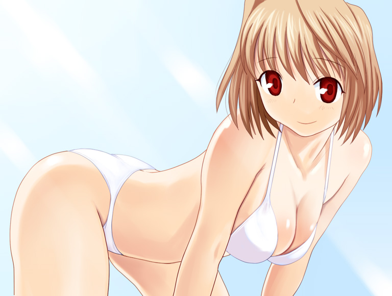 00s all_fours arcueid_brunestud bent_over bikini blonde_hair breasts brown_hair cleavage female katatsuka_kouji large_breasts looking_at_viewer red_eyes short_hair smile solo swimsuit tsukihime white_bikini