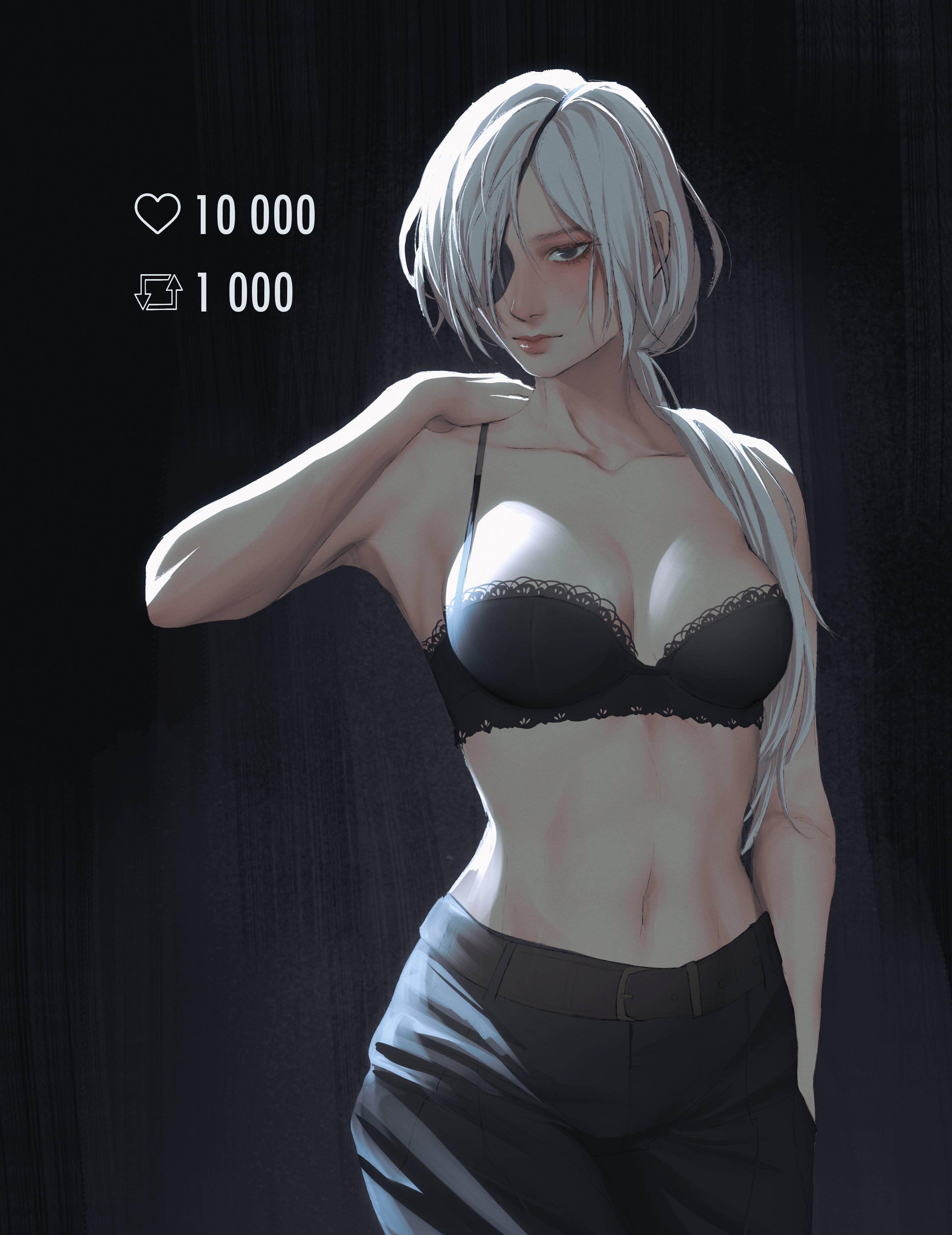 1girls, 2024, 2d, 2d (artwork), armpit, armpit fetish, belt, big breasts, blush, bra, breasts, chainsaw man, eyepatch, female, female focus, female only, hand on shoulder, hybrid, kantakerro, light skin, light-skinned female, long hair, looking at viewer, medium breasts, midriff, no sex, no shirt, numbers, pale skin, pale-skinned female, pants, ponytail, quanxi (chainsaw man), realistic breast size, shirtless, standing, white hair