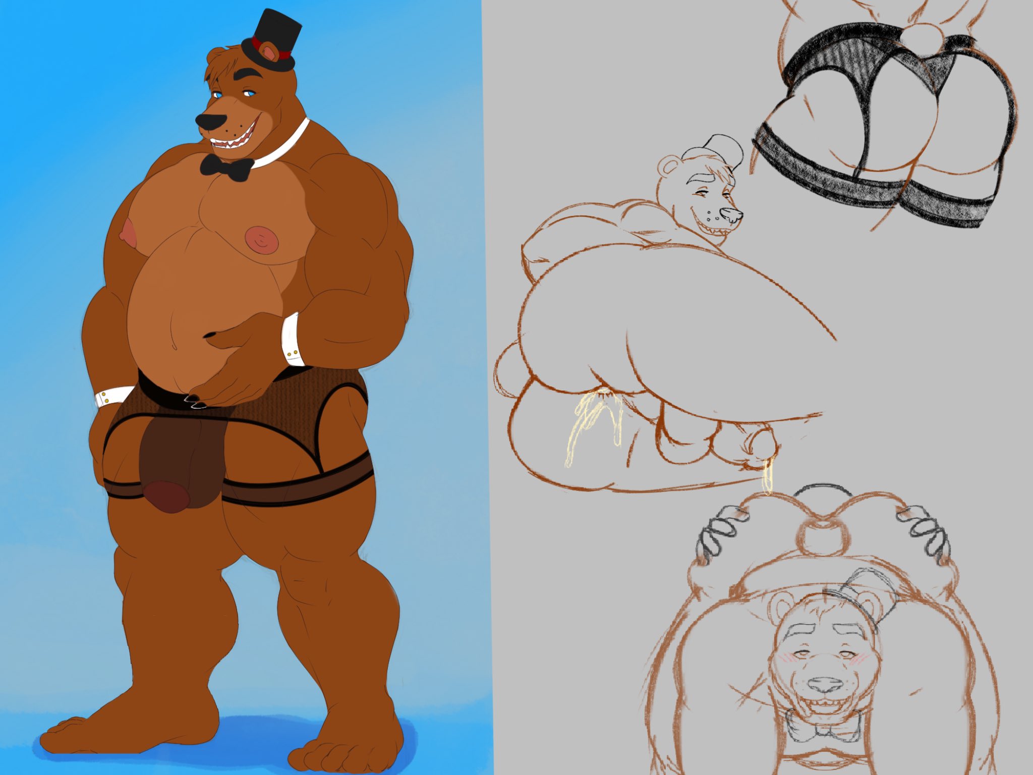 1boy, after sex, anthro, ass, back view, balls, bear, behind view, blushing, bowtie, brown body, bulge, chubby, cum, cum in ass, cum inside, cumdrip, dark glans, dark nipples, dark penis, dick, eating ass, five nights at freddy's, flaccid, fnaf, freddy (fnaf), from behind position, front view, furry, garter belt, garter straps, gay, glans, hat, hunnipanda, licking ass, male, male only, male/male, navel, nipples, nude, pecs, penis, precum, presenting ass, rimming, sex, submissive male