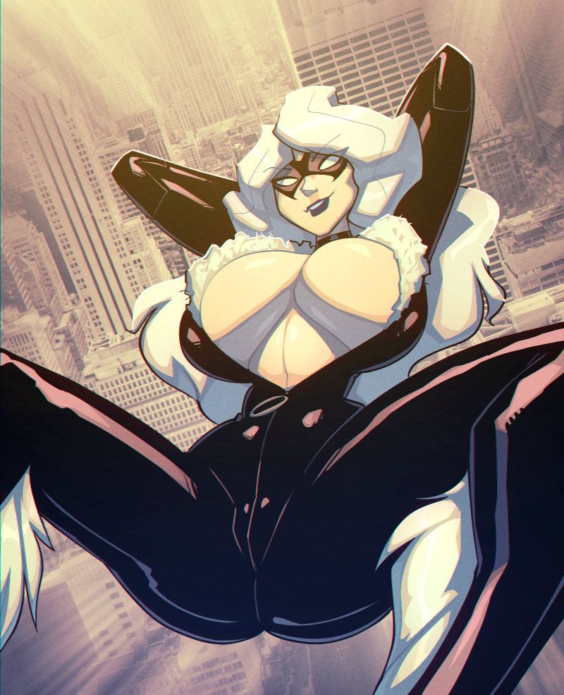 1girls, big breasts, bigdad, black cat (marvel), black lipstick, bodysuit, breasts, breasts bigger than head, clothed, clothing, color, felicia hardy, female, female focus, female only, hi res, inner sideboob, large breasts, light skin, light-skinned female, lipstick, long hair, marvel, marvel comics, mask, skin tight, solo, solo female, spider-man (series), thick thighs, tight clothes, tight clothing, white hair