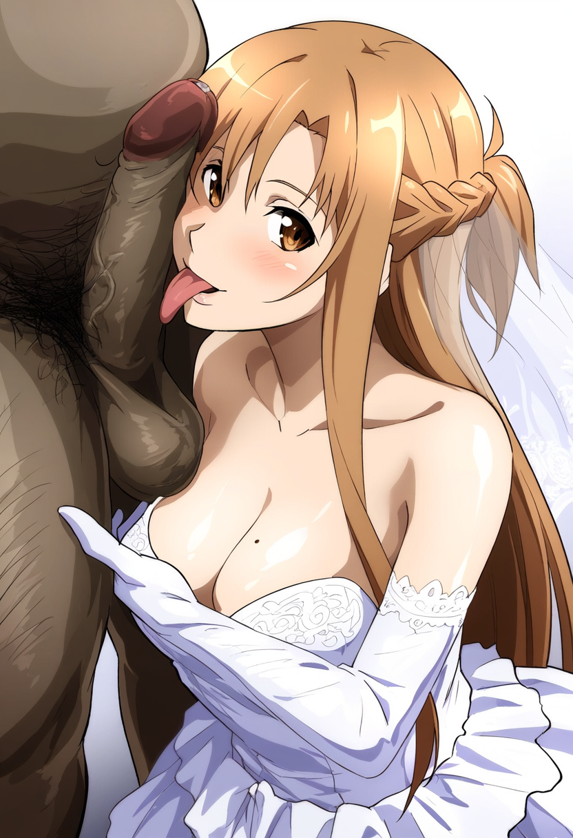 ai_generated cheating cheating_girlfriend cheating_on_wedding_day cleavage cuckold dark-skinned_male fat_man hairy_male highres interracial large_breasts large_penis licking_penis netorare ntr smug smug_face sword_art_online testicles waroffree wedding_dress white_background yuuki_asuna