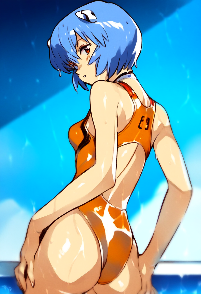 1girls ai_generated ass ass_focus blue_hair female niezero plugsuit pool red_eyes rei_ayanami solo solo_focus water water_drop