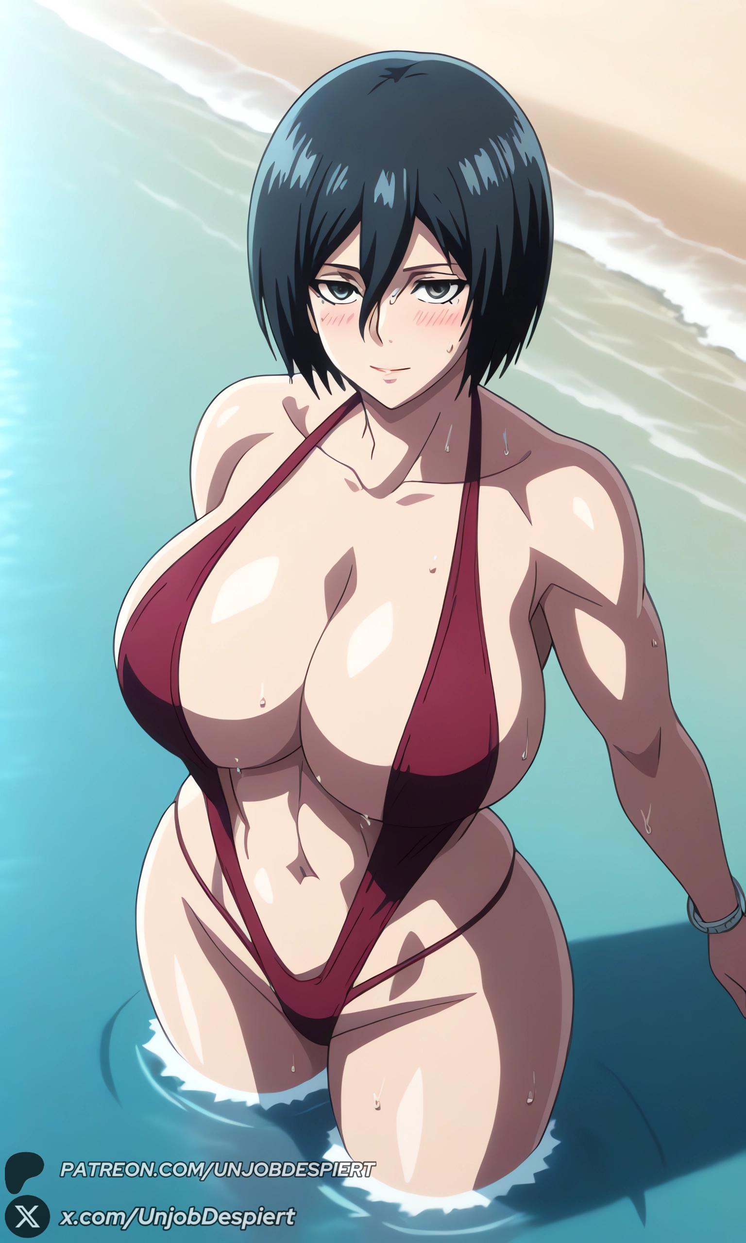 1girls, 2025, abs, ai generated, artist name, attack on titan, beach, big ass, big breasts, black hair, blush, bracelet, breasts, cleavage, collarbone, curvy, female, female only, hair between eyes, hi res, high quality, high resolution, highres, huge ass, huge breasts, jewelry, large breasts, looking at viewer, mikasa ackerman, muscular, muscular female, navel, ocean, one-piece swimsuit, outdoors, patreon, patreon username, red one-piece swimsuit, shingeki no kyojin, short hair, slingshot swimsuit, smile, solo, standing, swimsuit, unjobdespiert, wading, water, watermark, wet