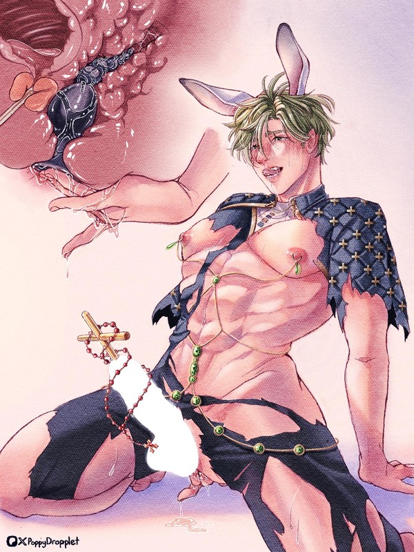 1boy barefoot blush bunny_ears censored censored_penis cross green_hair jewelry licking_lips male male_anal male_only male_tits masochism mostly_nude muscular muscular_male nipple_piercing nu:_carnival obliques olivine_(nu:_carnival) orgasm_denial penis penis_x-ray piercing poppydroplet priest prostate prostate_sounding prostate_stimulation rosary sex_toy sounding sounding_rod torn_clothes urethral urethral_insertion urethral_penetration x-ray