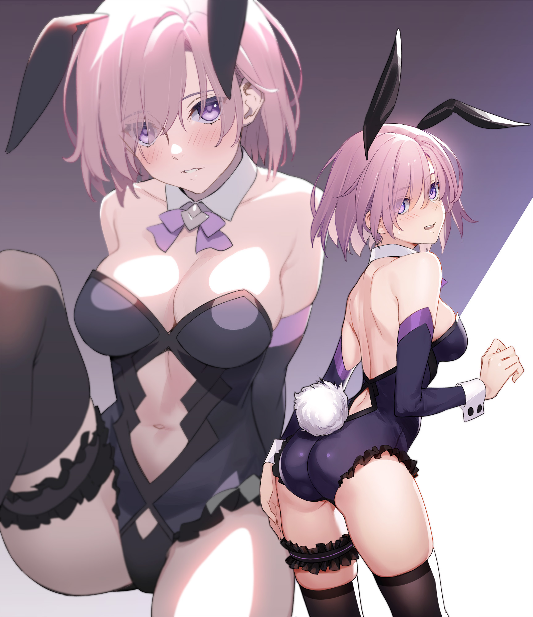 1girls, animal ears, ass, back, back view, bare back, bare shoulders, black legwear, breasts, bunny girl, bunny tail, bunnysuit, cleavage, clothing cutout, detached sleeves, eyebrows, eyebrows visible through hair, eyelashes, eyelashes visible through hair, eyes, eyes visible through hair, fake animal ears, fate (series), fate/grand order, female, female ass, from behind, hair, hair between eyes, leg garter, legwear, light skin, light-skinned female, mash kyrielight, medium breasts, midriff, multiple views, pink hair, playboy bunny, purple eyes, revealing clothes, short hair, siino, solo, stomach, thighhighs, thighs, type-moon