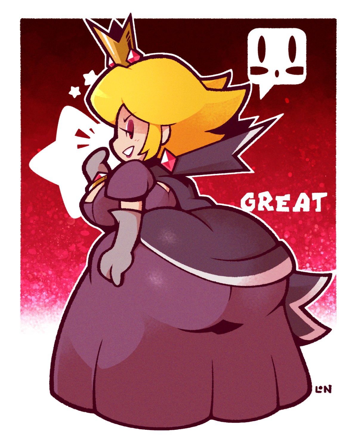 1girls 2d :o artist_signature ass ass_focus back_view big_ass blonde_hair bottom_heavy breasts clothed crown dress earrings eyeshadow female full_body huge_ass jewelry legendofnerd looking_back mario_(series) nintendo paper_mario paper_mario:_the_thousand-year_door princess_peach shadow_peach shadow_queen sideboob smile smiling smug solo solo_female star text thick_ass