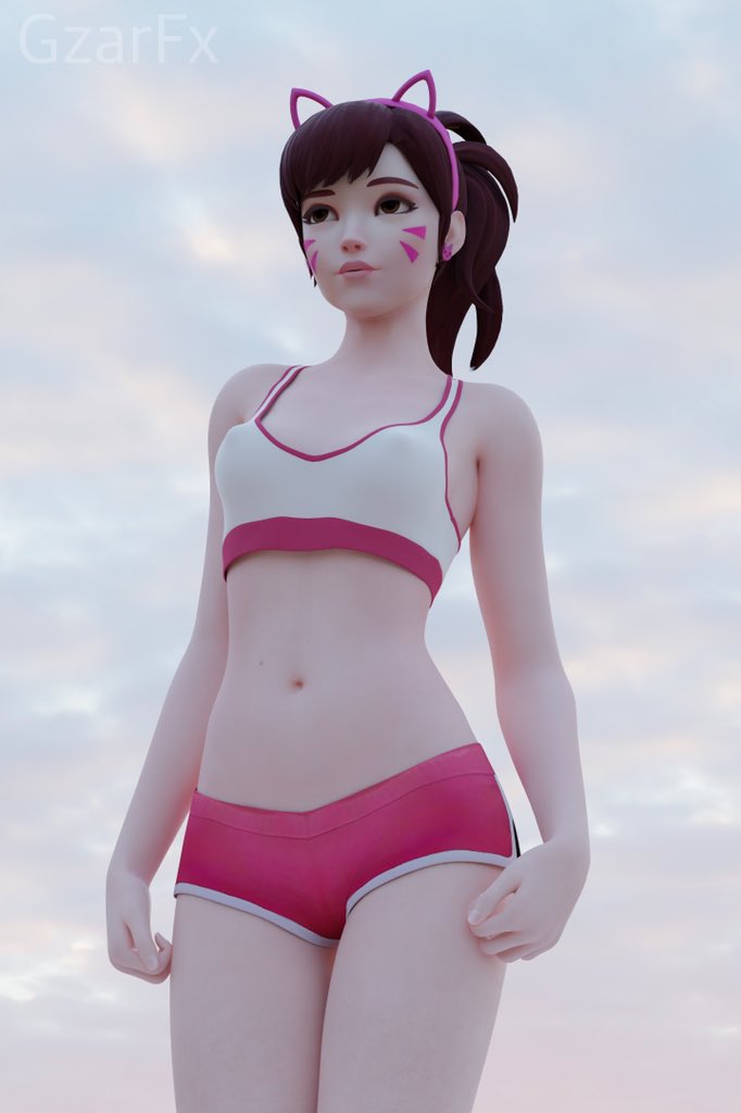 1girls 3d blender blizzard_entertainment brown_hair cat_ears clothed d.va female female_only gzarfx hana_song light-skinned_female light_skin outside overwatch pale-skinned_male pale_skin petite posing shorts solo watermark