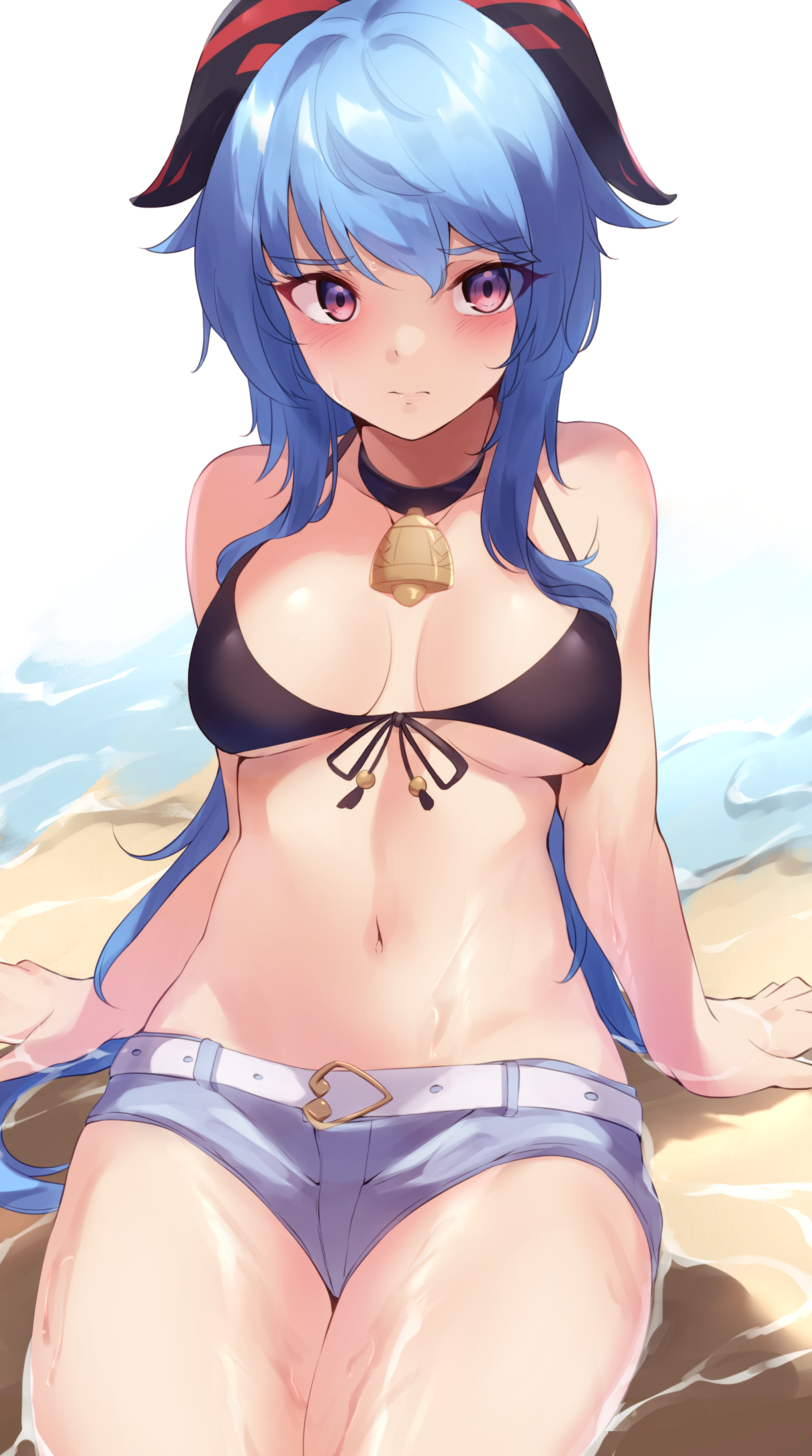 1girls, absurdres, arm support, bangs, bare arms, bare shoulders, bell, belt, bikini, black bikini, black choker, blue hair, blush, breasts, choker, commentary request, cowboy shot, eyebrows visible through hair, female, front-tie bikini, front-tie top, ganyu (genshin impact), genshin impact, haneramu, highres, horns, long hair, looking at viewer, medium breasts, micro shorts, navel, neck bell, pink eyes, shorts, sitting, solo, stomach, swimsuit, thighs, white belt