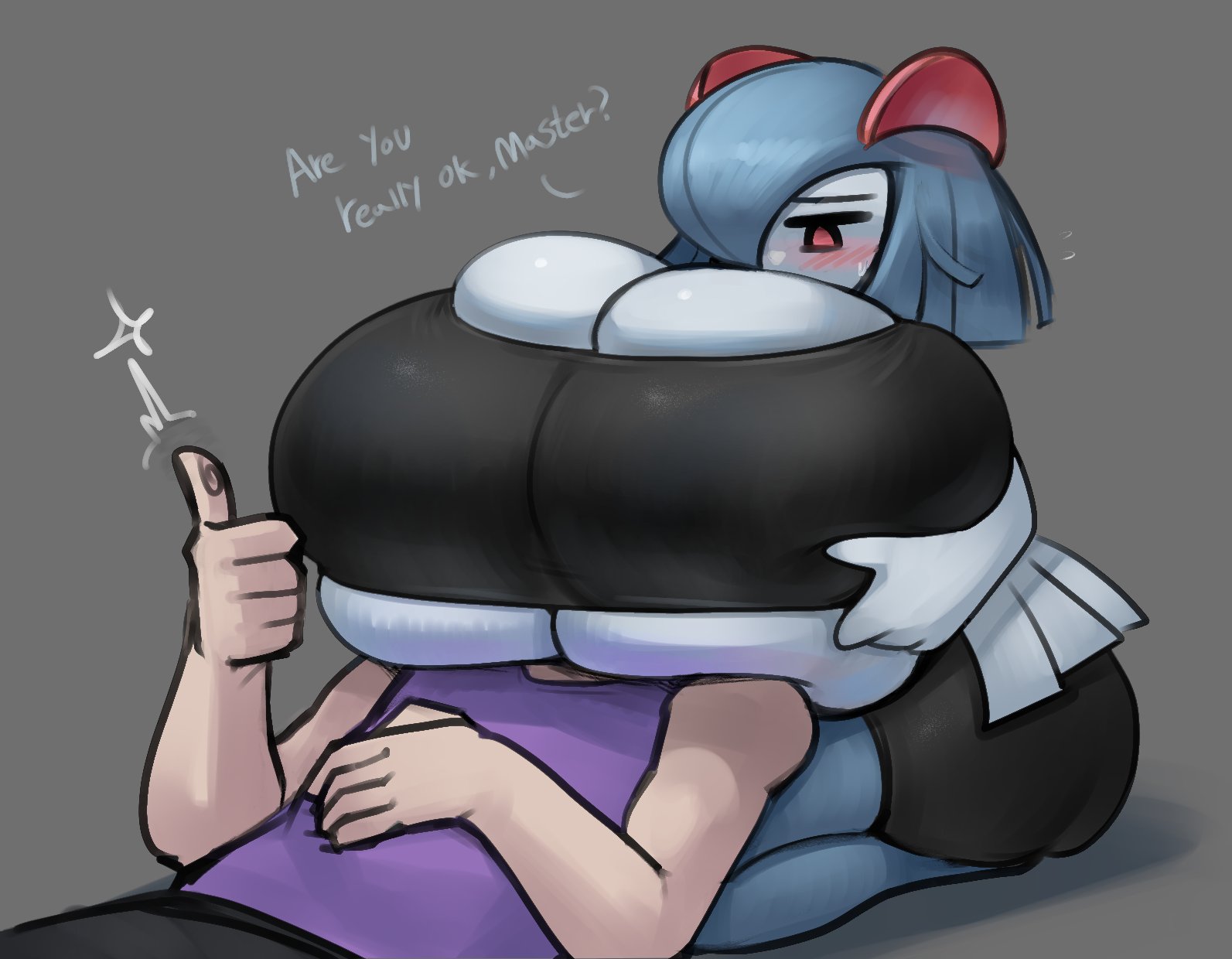 1boy, 1girls, barely contained, barely contained breasts, blue hair, breasts, breasts on head, ellia (yboon), female, gipehtyboon, huge breasts, kirlia, lap pillow, male, massive breasts, nintendo, pokémon (species), pokemon, pokemon (species), shiny pokemon, short hair, shortstack, smothering, yboon