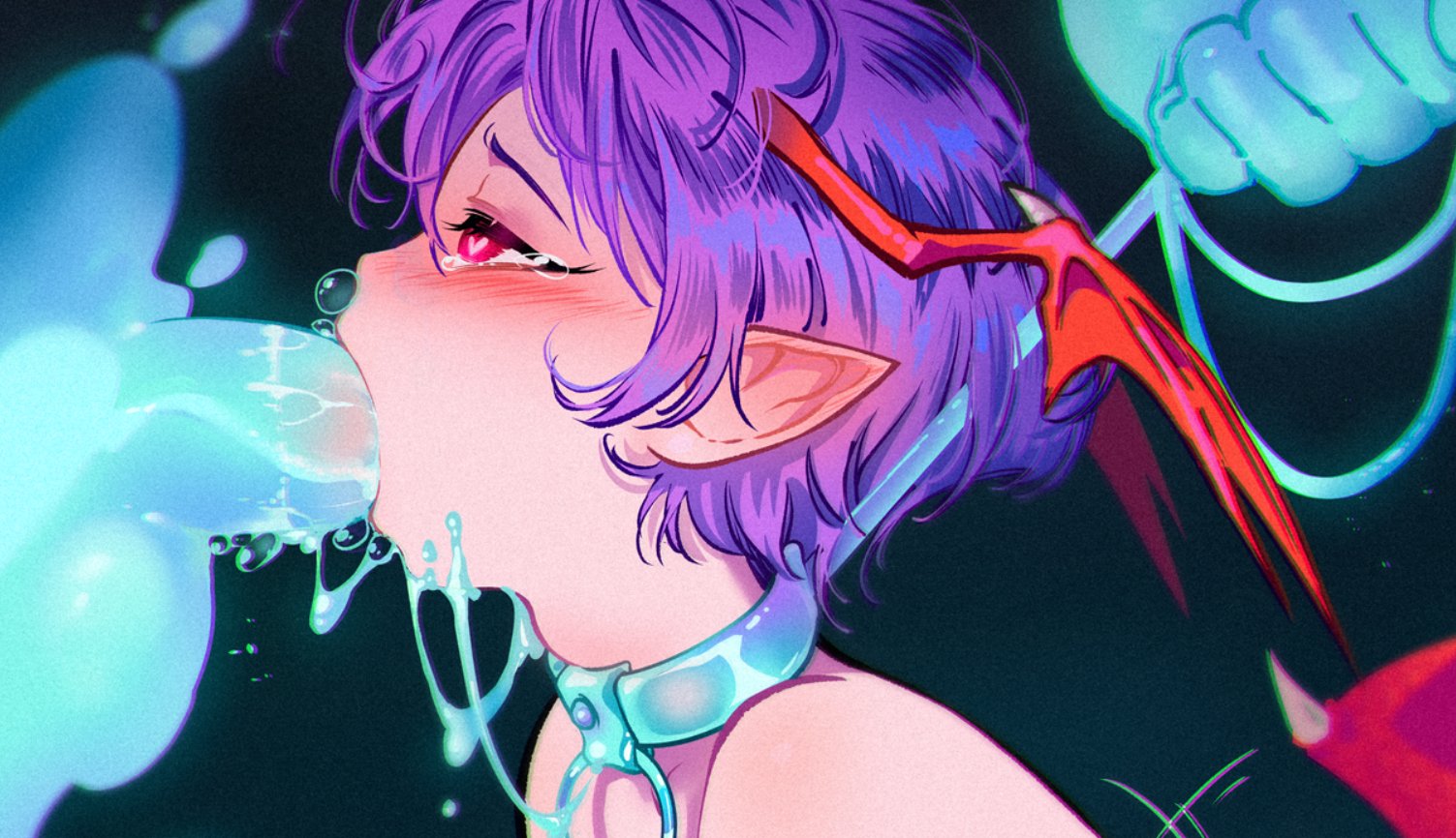 1girls, blowjob, blush, capcom, collar, darkstalkers, deepthroat, demon, fellatio, female, female focus, femsub, ghost, ghost penis, happy sub, head wings, heart-shaped pupils, hi res, leash, leash and collar, leash pull, lilith aensland, male, narrowed eyes, oral sex, penis, pink eyes, pointy ears, purple hair, short hair, snegovski, succubus, tears, throat bulge, throat fuck