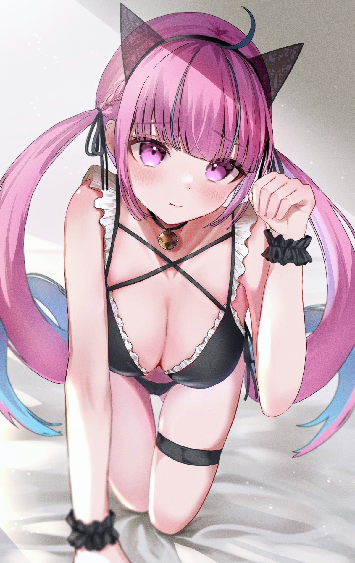 ahoge, all fours, alternate costume, animal ears, bangs, bed sheet, bell, bikini, black bikini, black hairband, black ribbon, blunt bangs, blurry, blush, braid, breasts, cat ears, cleavage, closed mouth, commentary, depth of field, drill hair, embarrassed, eyebrows visible through hair, fake animal ears, female, french braid, frilled bikini, frills, full body, furrowed brow, gluteal fold, hair ribbon, hairband, highres, hololive, hololive gen 2, hololive japan, light blue hair, long hair, looking at viewer, maid bikini, medium breasts, minato aqua, multicolored hair, neck bell, paw pose, pink hair, pokeeeo o, pout, purple eyes, ribbon, skindentation, solo, streaked hair, swimsuit, thigh gap, thigh strap, twin drills, twintails, two-tone hair, virtual youtuber, wrist cuffs