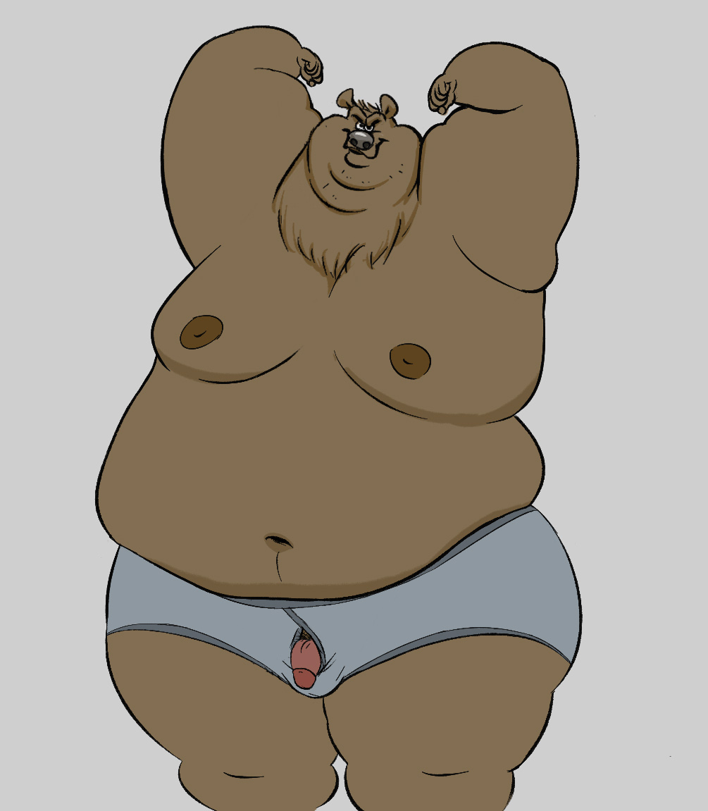 2022 anthro belly big_belly brown_body brown_fur clothing fur genitals male mammal moobs nipples obese obese_male osos overweight overweight_male penis simple_background solo underwear ursid