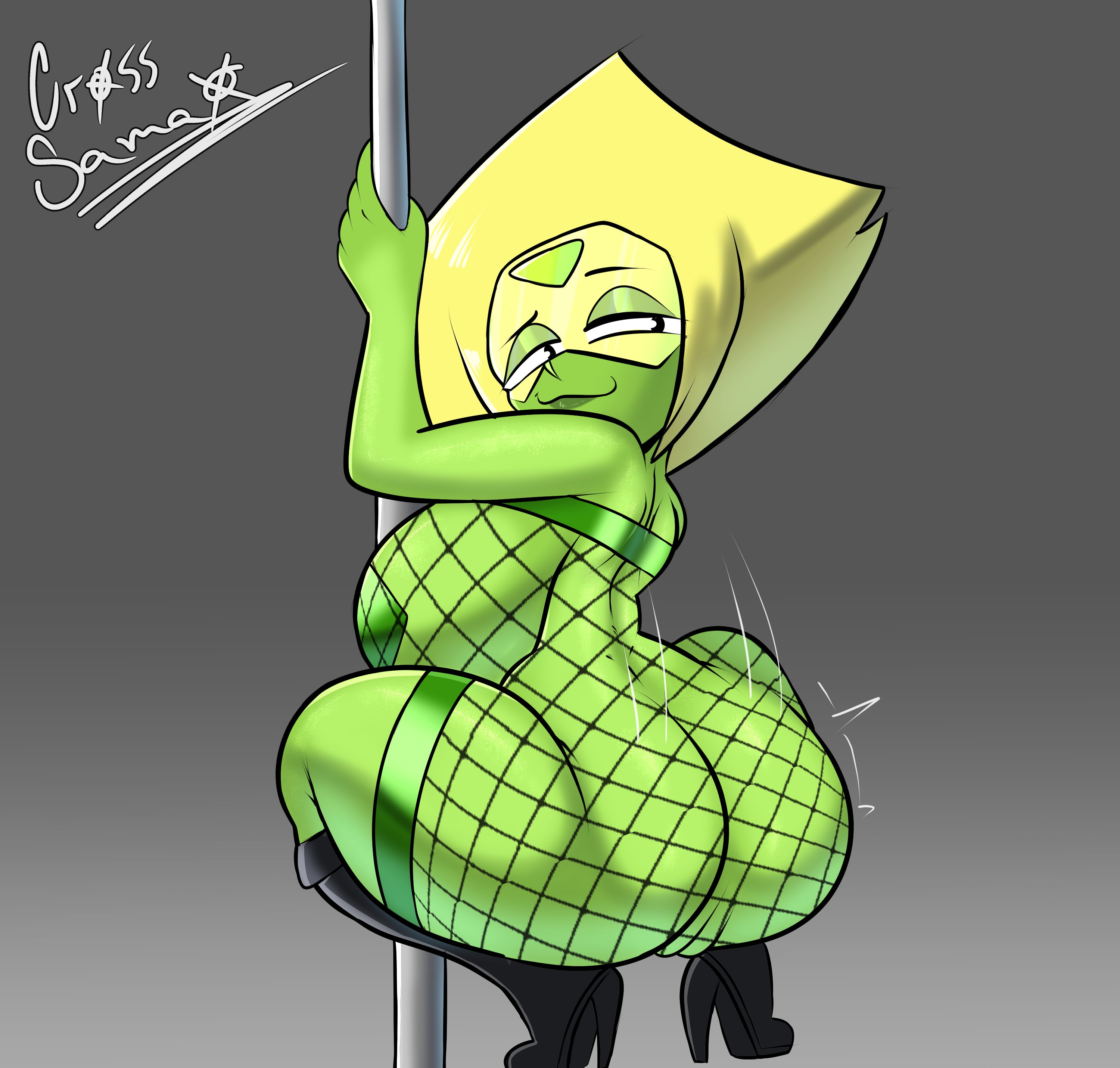 1girls, ass, ass shake, big ass, big breasts, bouncing ass, breasts, cross samax, female, female only, fishnets, gem (species), green pasties, green skin, heel boots, looking at viewer, looking back, pasties, peridot (steven universe), pole, pole dancing, pussy, smile, smug, solo, squatting, steven universe, stripper pole, twerking, visor