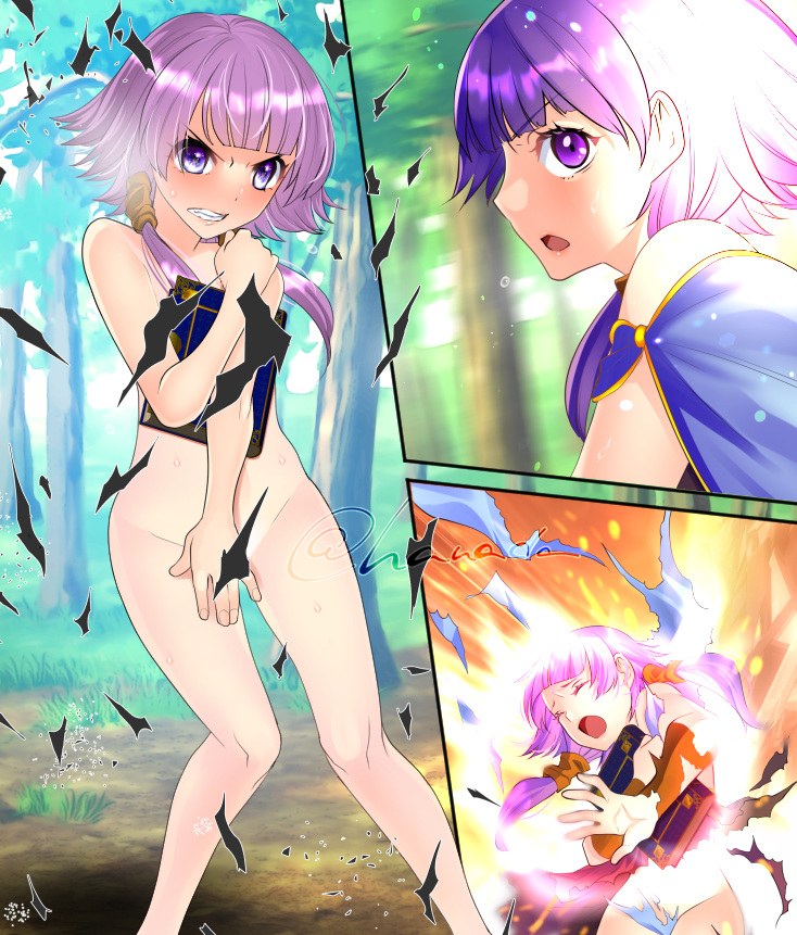 1girls angry assisted_exposure bangs blue_panties book breasts clenched_teeth closed_eyes completely_nude covering covering_breasts covering_crotch embarrassed embarrassed_nude_female enf female female_only fire_emblem fire_emblem:_the_sacred_stones forest hanamo_daiou humiliation lute_(fire_emblem) nintendo nude nude_female open_mouth panties purple_eyes purple_hair short_hair small_breasts solo torn_clothes underwear