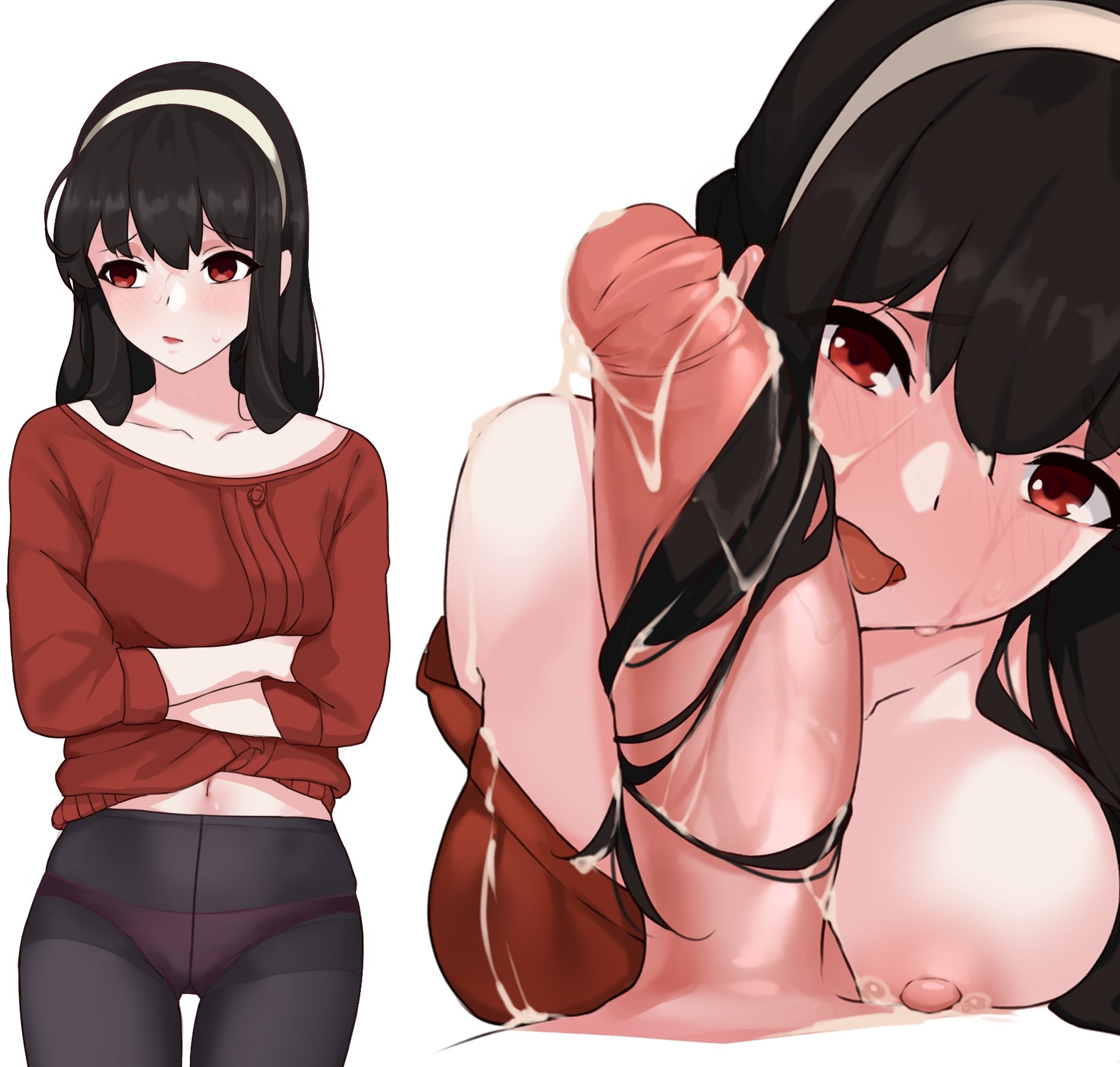 1boy, 1girls, big penis, black hair, blush, cum, cum on hair, diadem, eye contact, female, fringe, giver pov, hair ornament, imminent oral, licking penis, light skin, light-skinned female, long hair, looking at viewer, male, nipples, oral, pale skin, pale-skinned female, panties, partially clothed, penis, petite, pov, red eyes, spy x family, standing, stockings, straight, sweat, todding, yor briar