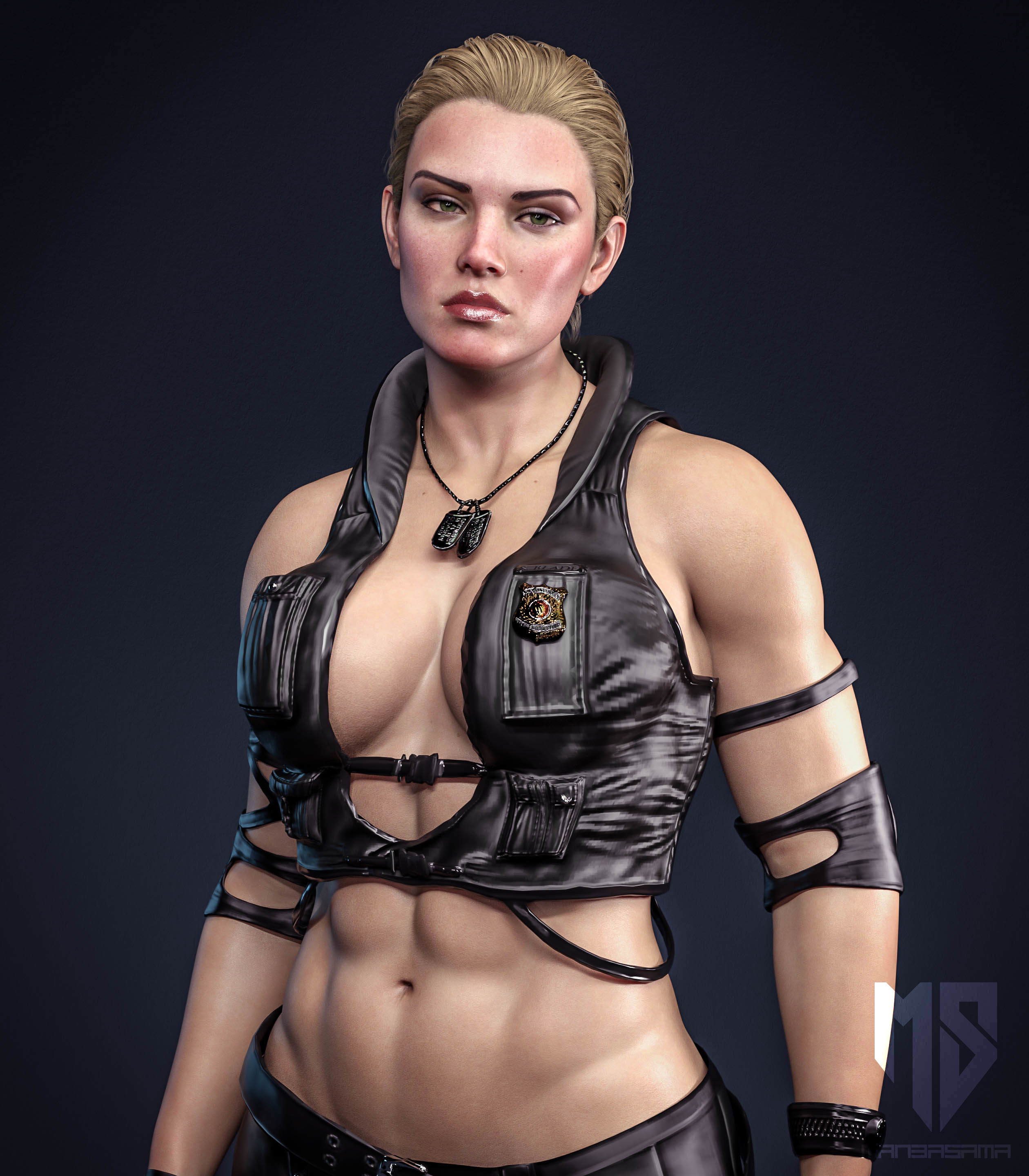 1girls, 3d, abs, big breasts, blonde female, blonde hair, breasts, bridgette wilson, cleavage, daz studio, dog tags, female, female only, fit, fit female, fully clothed, manbasama, mortal kombat, mortal kombat (2011), mortal kombat 11, netherrealm studios, solo, sonya blade
