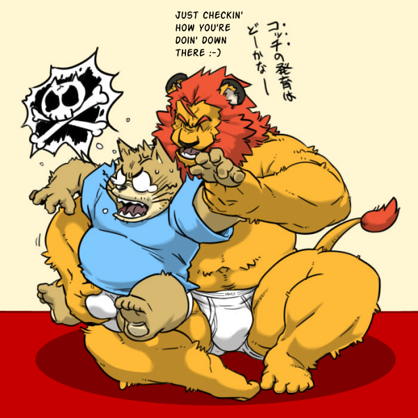 1:1 angry anthro blue_clothing blue_shirt blue_topwear briefs briefs_only brown_body brown_fur clothed clothing crotch_grab domestic_cat duo english_text felid feline felis fur grope hair happy japanese_text lion male mammal monochrome overweight pantherine red_hair shadow shirt simple_background sitting size_difference slightly_chubby smile tan_body tan_fur tetsuo_oshiba text tighty_whities topless topwear translated underwear underwear_only unknown_species white_briefs white_clothing white_underwear yellow_background yellow_body yellow_fur