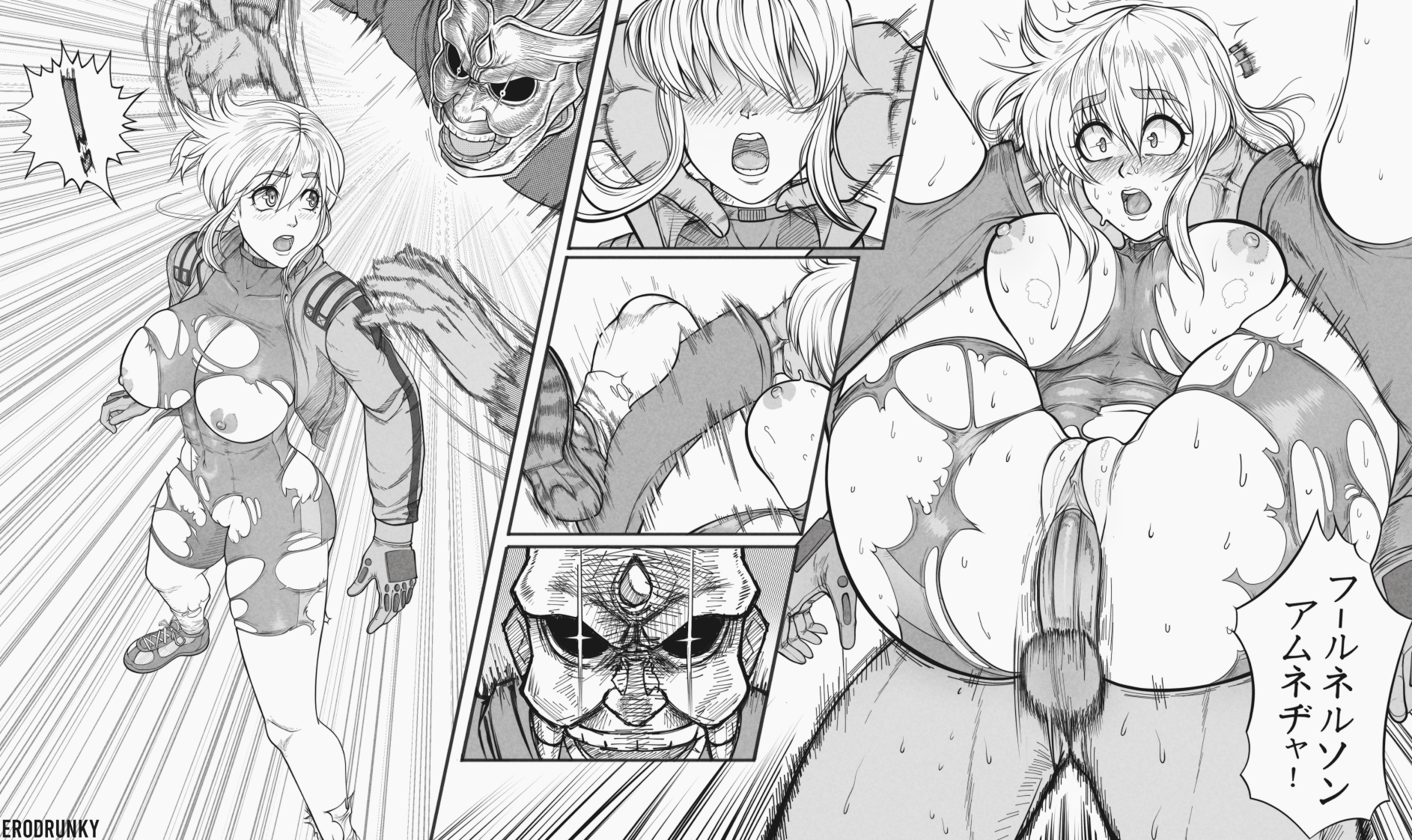 1boy, 1girls, breasts, breasts out, clitoral hood, clitoris, erodrunky, female, forced, full nelson, hi res, history's strongest disciple kenichi, japanese text, male, miu furinji, monochrome, nipples, pussy, self upload, sex, speech bubble, straight, tight clothes, torn clothes, vaginal penetration