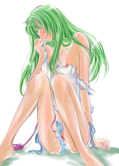 barefoot blush erinys_(fire_emblem) feet fire_emblem fire_emblem:_genealogy_of_the_holy_war green_hair long_hair nakamasomo pegasus_knight solo vibrator vibrator_in_pussy