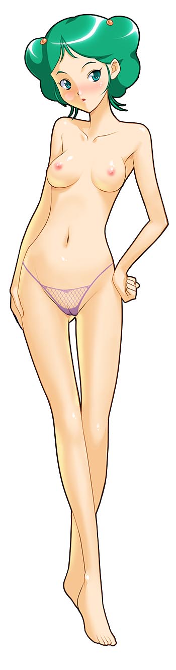 breasts cameltoe character_request copyright_request fishnets fugetsu_taku green_eyes green_hair highres lace legs lingerie panties purple_panties short_green_hair standing thigh_gap topless underwear underwear_only