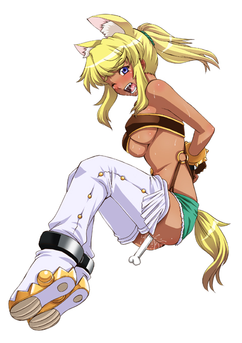 1girls akiyama_kenta animal_ear arms_behind_back bandeau bandeau_bikini blonde_hair blue_eyes blush bondage bone boots breasts cleavage clothed dark_skin denim denim_shorts dildo dog_ear female large_breasts liru midriff penetration ponytail pussy_juice renkin_san-kyuu_magical_pokaan shorts solo sweat tail thighhighs tied_hair underboob wolf_ear wolf_tail