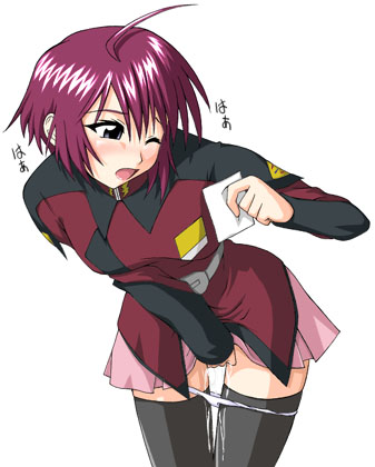 ahoge belt black_legwear black_thighhighs blush fingering grey_eyes gundam gundam_seed gundam_seed_destiny leaning_forward lowres lunamaria_hawke masturbation mikagami_sou military military_uniform open_mouth panties panty_pull photo_(object) purple_hair pussy_juice short_hair skirt skirt_lift solo standing thigh_gap thighhighs thighs underwear uniform white_panties wince zettai_ryouiki