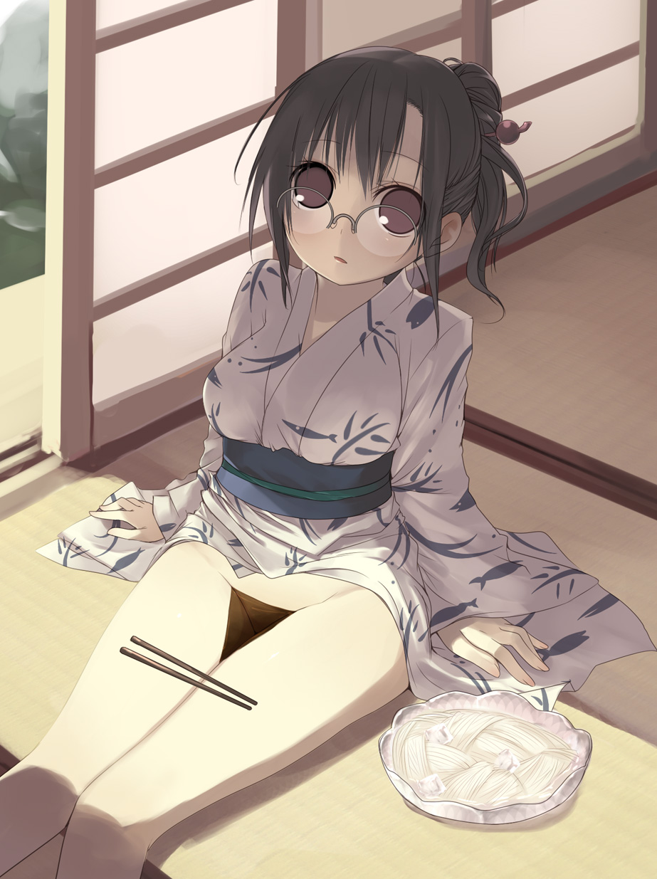 arima_senne black_hair chopsticks female female_only food glasses highres human japanese_clothes kashiwamochi_yomogi kimono lap_cup legs no_panties noodles original soba_(food) solo thighs wakamezake yukata