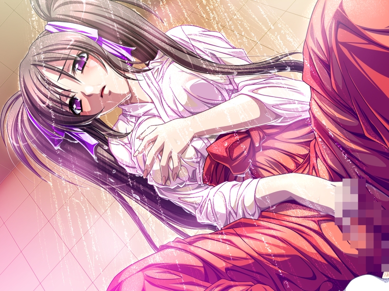 aikawa_arisa amami_karin bow censored dutch_angle game_cg hakama japanese_clothes kurai_mirai_3 long_hair masturbation miko purple_eyes shower solo tied_hair twintails wet