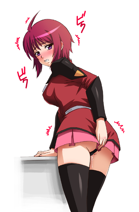 ahoge akiyama_kenta belt black_legwear black_panties black_thighhighs blush clenched_teeth clothed_masturbation clothing covering covering_ass discreet_vibrator from_behind fully_clothed gundam gundam_seed gundam_seed_destiny jacket looking_back lunamaria_hawke masturbation military military_uniform miniskirt panties pantyshot pantyshot_(standing) pink_hair purple_eyes pussy_juice short_hair skirt skirt_tug solo standing stockings thighhighs underwear uniform vibrator vibrator_under_panties zettai_ryouiki