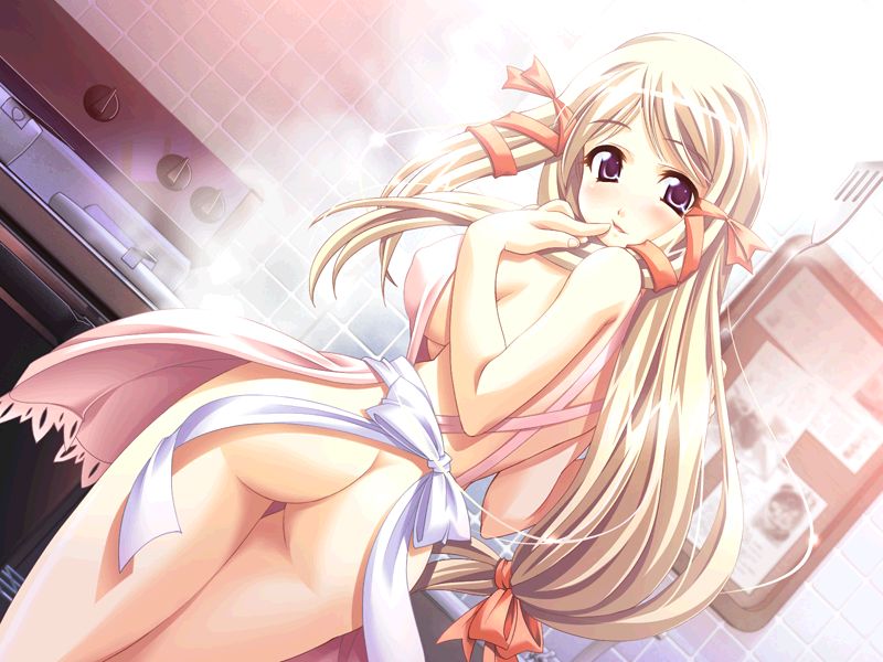 1girls apron ass blonde_hair blush breasts cooking dutch_angle dyogrammaton erect_nipples female finger_to_mouth from_behind game_cg gelsomina_piacentini hair_ribbon kitchen large_breasts long_hair looking_back naked_apron no_bra no_panties purple_eyes ribbon shinozuka_atsuto sideboob smile solo spatula steam thigh_gap thighs very_long_hair